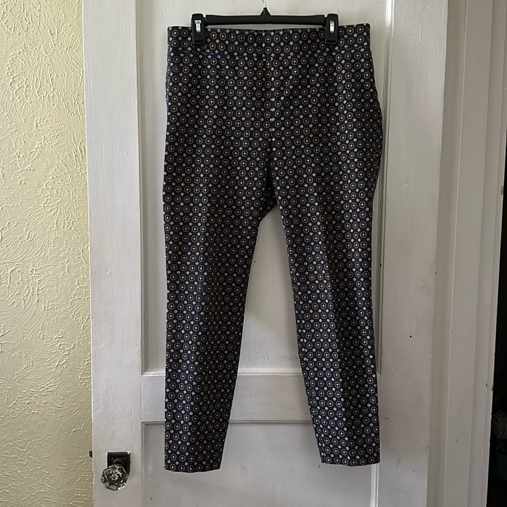 Talbots Boho Artsy Navy Geometric Essex Ankle Pull On Stretch Skinny Fit Pants